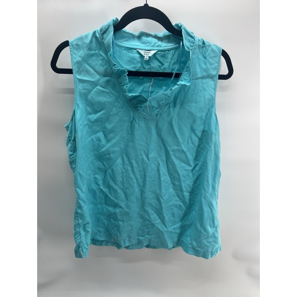 NWT Crown & Ivy™ Women's Sleeveless Ruffle Neck Blouse Blue / Turquoise Large